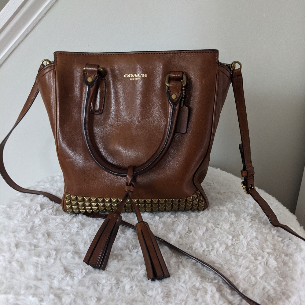Brown legacy leather studded coach purse crossbody